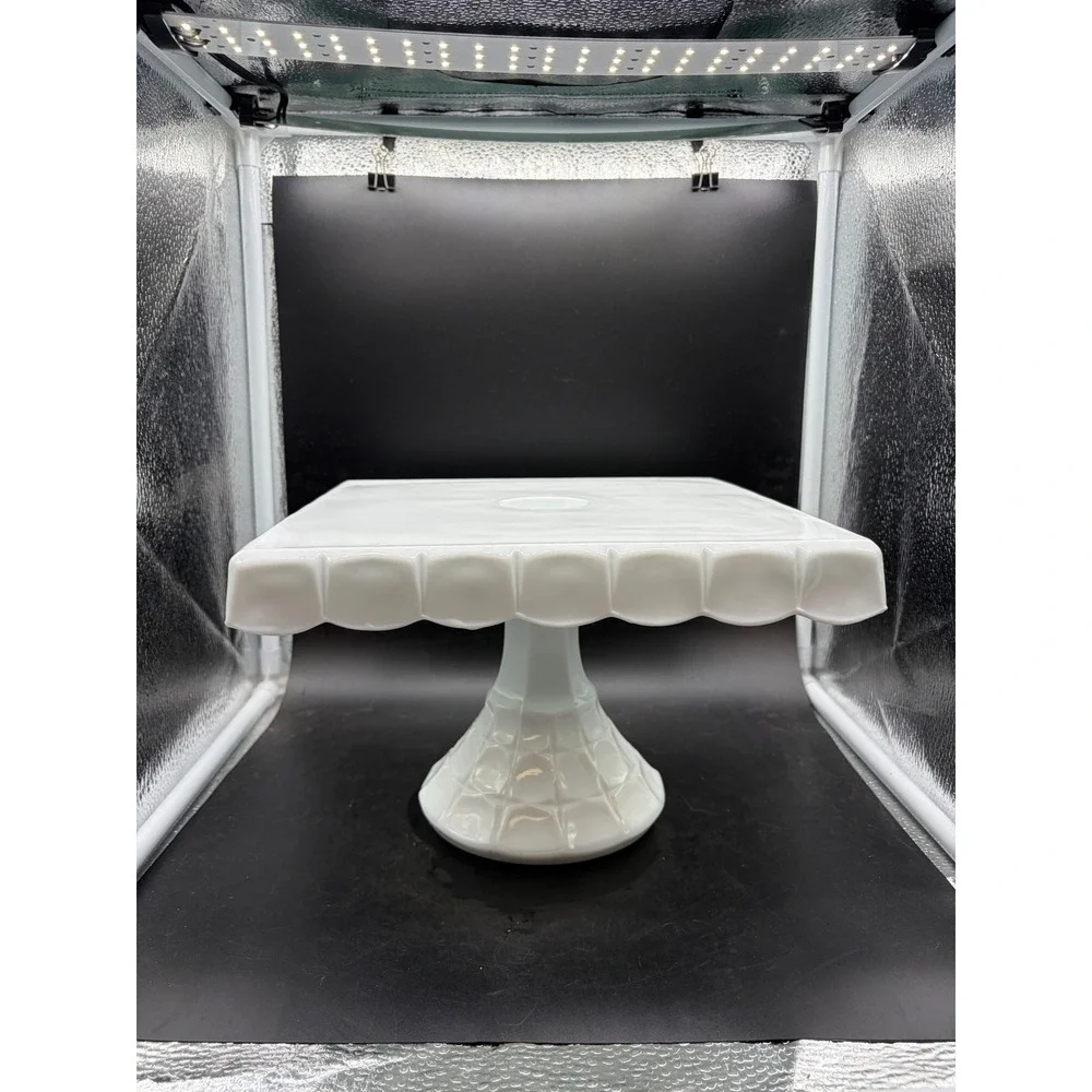 Vintage Milk Glass Square Cake Stand Scalloped Edge Pedestal Dessert Display 10